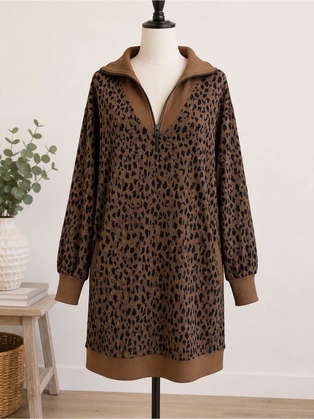 NWT Entro Leopard Half Zip Tunic Dress Brown Pockets Long Sleeve Small